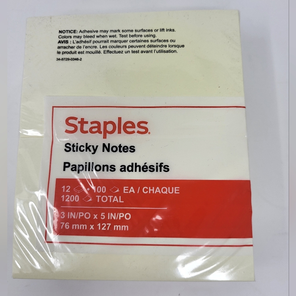 Staples Sticky Notes‎ 3 Inch X 5 Inch 100 Each Pad / 12 Pack Office Desk School